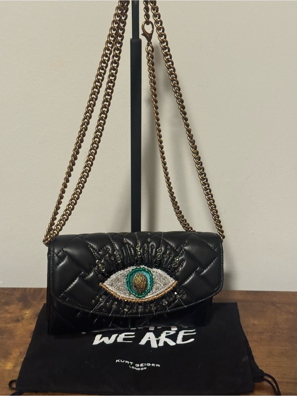 Kurt Geiger Black Quilted Shoulder Bag with Embellished Eye Motif